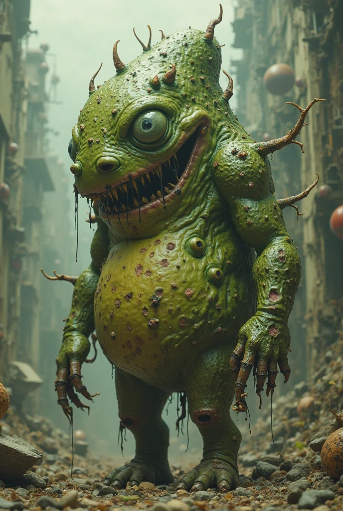 monstro terrorrifico para historietas caminhando em berlim vomitando slime verde