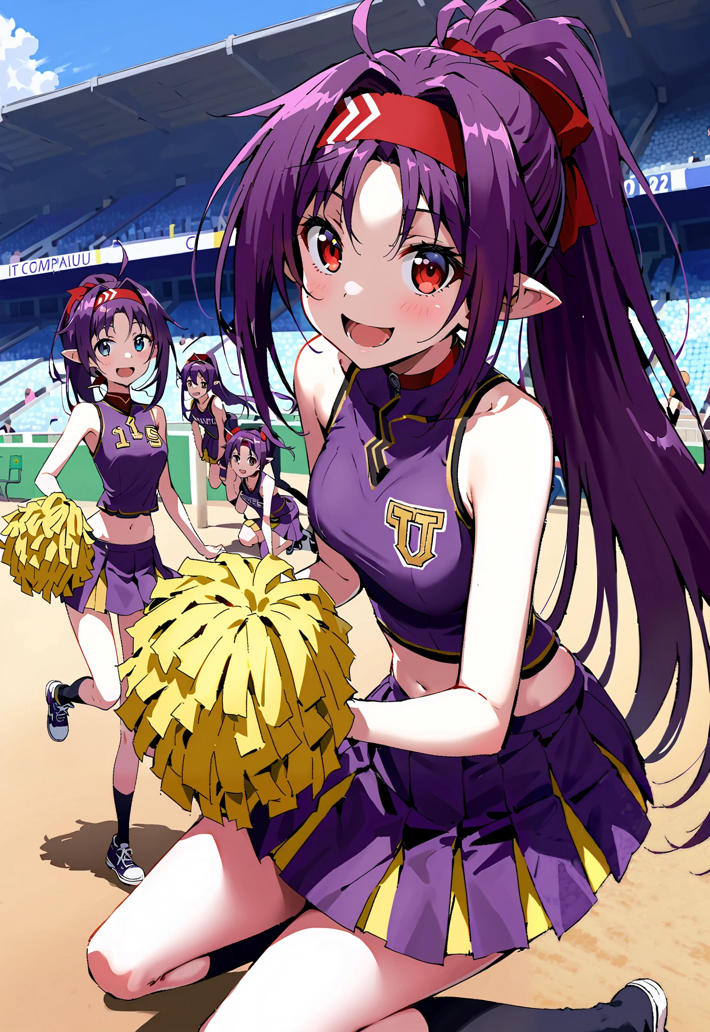 score_9, score_8_up, score_7_up, source_anime,
yuukikonno, yuuki konno, red headband, long hair, pointed ears, purple hair, Red Eyes,ponytail,smile,cover,opens her mouth,(Cheerleading), (full body), on chest, (sweated), sweated Wet Clothes, ( purple clothes),sleeveless, pleated skirt,black socks,sneakers with a ladyback letter, stomach button support , playground, (jump), (jump), 両足を曲げてjumpする, blue sky, Compa, smile,cheerleader, Pom-pom \(Cheerleading\) real hair ornaments,full bodyがイラストに入るように,break outdoors,Stadium,
break looking at viewer,full body,
break (masterpiece:1.2),top quality , kampala,unity 8k 壁紙,(shape:0.8),( fine and beautiful eyes :1.6),It's a person ,full body写真,CG Details , (perfect hands,complete anatomy),