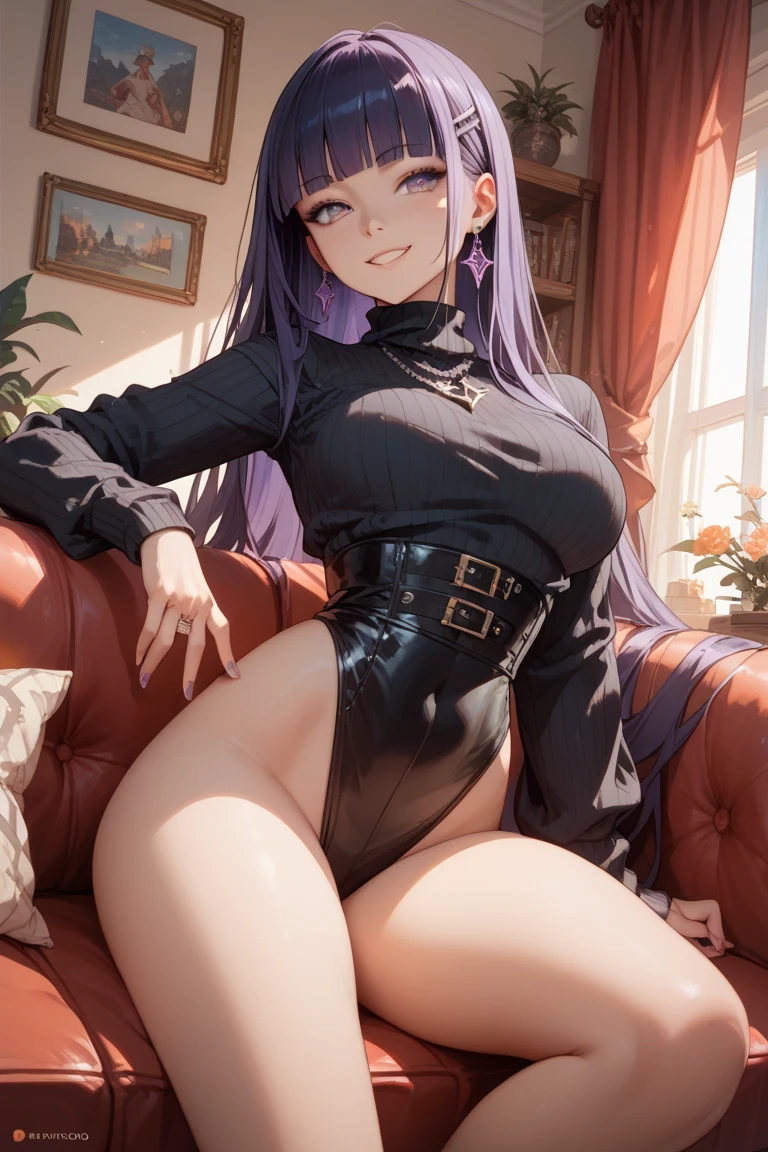 (nsfw), One girl, Long midnight purple hair, Golden light eyes, adorned with a choker, sits in an empty modern classroom, the only source of light coming from a window casting a warm golden glow. The girl's is impeccably white, the details of the blouse and skirt meticulously rendered. Her long legs are crossed at the knee, her posture relaxed yet suggestive. The highlights on her hair and the sparkle in her eyes are enhanced by the golden light, creating an alluring and captivating image. The resolution is ultra-high definition, with every detail of her facial features, skin texture, and uniform vividly captured.