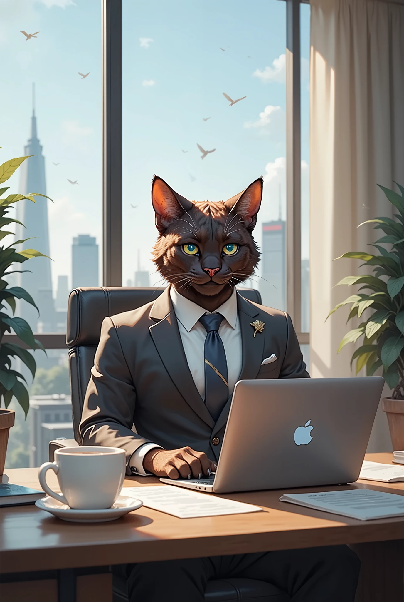 {{A ((sophisticated and well-groomed)) depiction of {((an elegant anthropomorphic cat sitting confidently at a modern office desk))}}} with {((a neatly placed laptop, coffee cup, and documents scattered around, as if the cat were a business executive working on an important deal))}.This is a {((realistic digital painting))}-inspired image that showcases {((the charm of a professional cat in a corporate environment))}. The setting/background should be {((a sleek, high-rise office with large windows overlooking the city skyline, modern furniture, and warm lighting))} to create a {((elegant, business-like atmosphere))}. The image should be in the style of a {((hyper-realistic photography))}, incorporating elements of {((Norman Rockwell art and Pixar character design))}. The {((medium shot))}, captured with a {((short telephoto lens))}, will provide a {((clear and engaging perspective that highlights the cat's confident expression and the elegant office environment))}. The lighting should be {((soft, ambient office lighting with natural light coming in through the windows))}, emphasizing {((the texture of the cat's fur and the elegance of the office decor))}. The desired level of detail is {((high))} with a {((4K resolution))}, highlighting {((individual strands of fur, reflections in the glass, and subtle textures of the desk and laptop))}. The goal is to create a {((whimsical yet professional))} image that captivates viewers with its {((charming and humorous take on a corporate environment))}.
