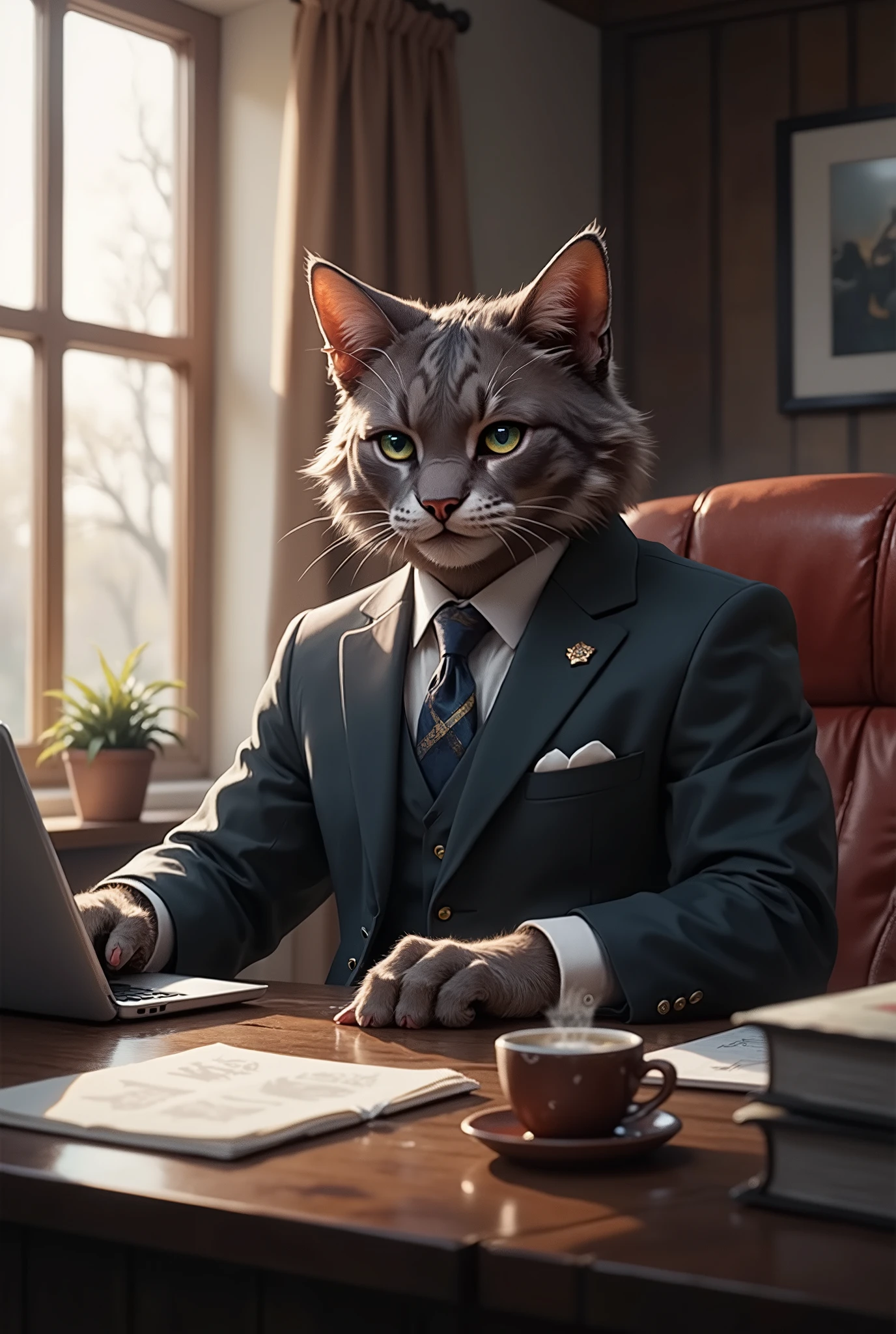 (Highest quality , 4k , 8k , high resolution , Masterpiece: 1 . 2) , ultra-detailed (realistic , photorealistic , photorealistic: 1 . 37) ,A sophisticated anthropomorphic office cat dressed in an elegant business suit, sitting confidently at a sleek modern desk. The feline has expressive green eyes, well-groomed fur, and a charming yet professional demeanor. The office is illuminated by warm natural light from large windows, with neatly organized documents, a laptop, and a steaming coffee cup nearby. The setting conveys a stylish and professional ambiance. The scene is captured in a cinematic style using a Canon EOS 5D Mark IV with a 50mm f/1.8 lens, featuring a shallow depth of field and a soft bokeh effect. The composition follows the rule of thirds, placing the cat slightly off-center for a dynamic and visually engaging result.