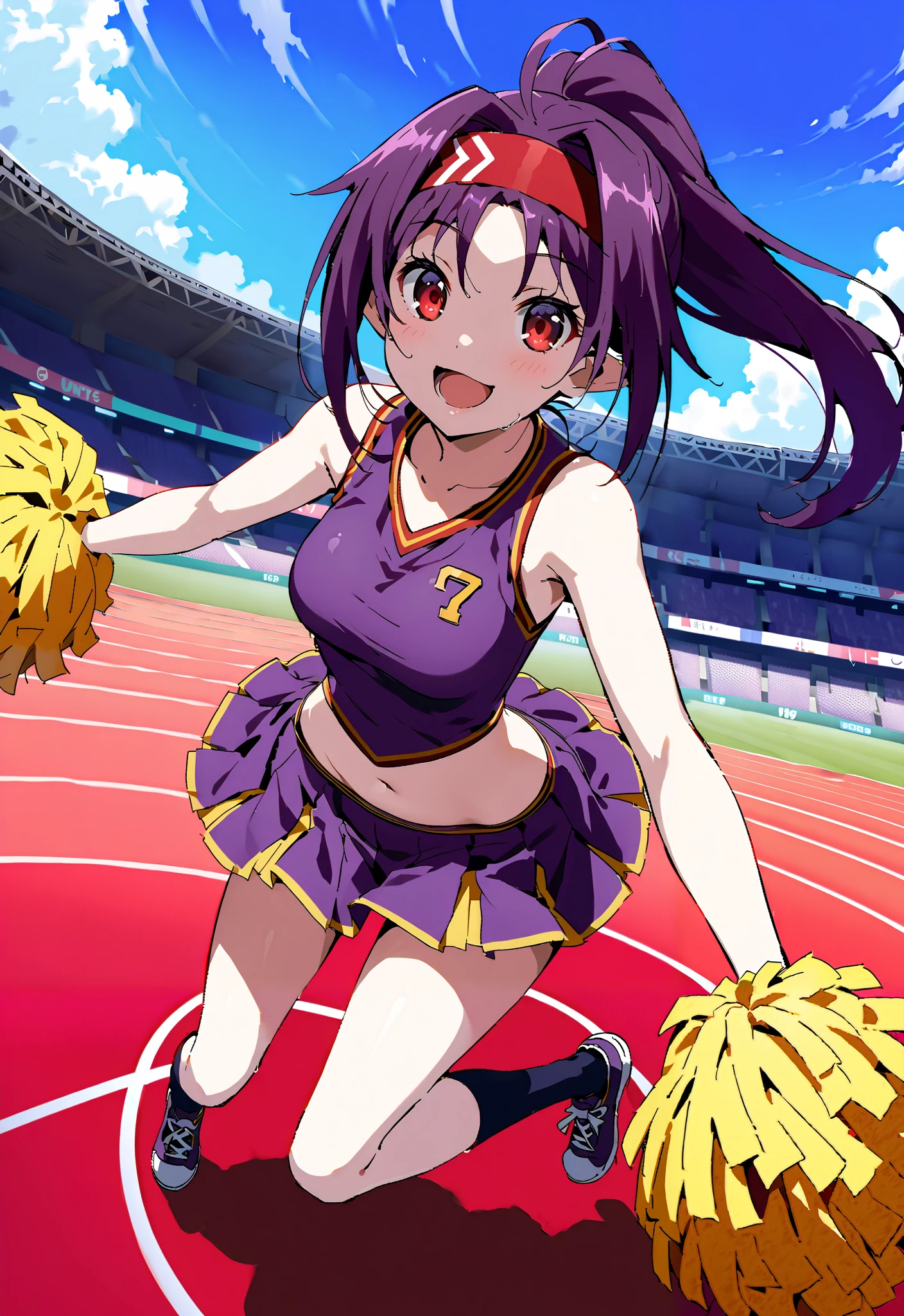 score_9, score_8_up, score_7_up, source_anime,
yuukikonno, yuuki konno,solo, red headband, long hair, pointed ears, purple hair, Red Eyes,ponytail,smile,cover,opens her mouth,(Cheerleading), (full body), on chest, (sweated), sweated Wet Clothes, ( purple clothes),sleeveless, pleated skirt,black socks,sneakers with a ladyback letter, stomach button support , playground, (jump), (jump), 両足を曲げてjumpする, blue sky, Compa, smile,cheerleader, Pom-pom \(Cheerleading\) real hair ornaments,full bodyがイラストに入るように,break outdoors,Stadium,
break looking at viewer,full body,
break (masterpiece:1.2),top quality , kampala,unity 8k 壁紙,(shape:0.8),( fine and beautiful eyes :1.6),It's a person ,full body写真,CG Details , (perfect hands,complete anatomy),