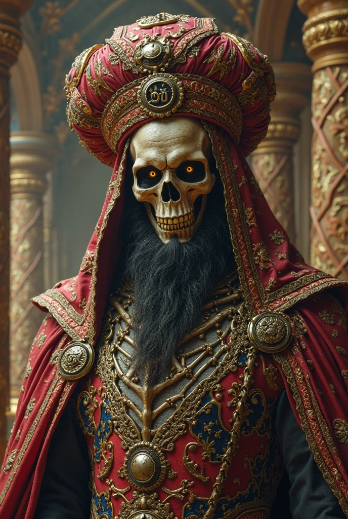 Skull King dressed in flannels and rags adorned with jewels, sober powers, shady look,