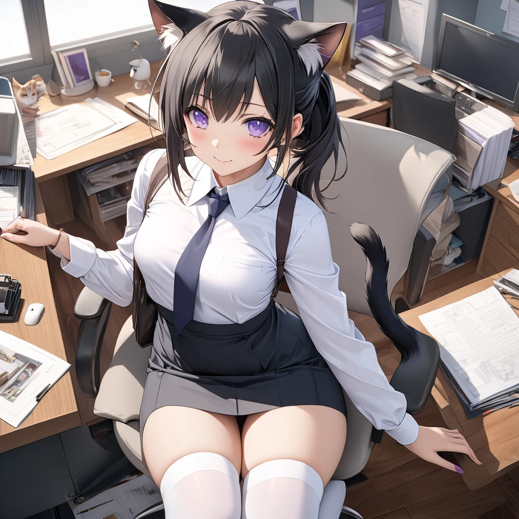 Il y a une femme adulte avec des lunettes , dans son bureau, dit in front of her computer , working girl, office girl, chemisier blanc transparent, soutien gorge visible sous le chemisier , long skirt, cat ears, white stockings, Dark and purple hair, cheveux noirs et mèches violettes, oreilles de chat sur la tête, gros seins, belle poitrine , Décolleté important, Avatar de seconde vie, Belle capture d’écran, charme , Seconde vie, Plan rapproché entre les jambes , femme séduisante, portant des lunettes noires brillantes