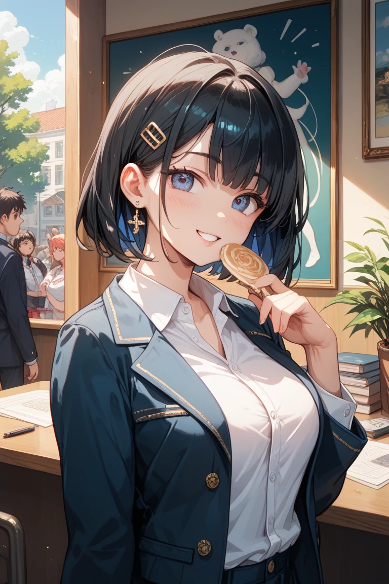 (highest quality), (Super detailed), (Best Illustration), (beauty), (front), (brown blazer), Upper body, (big breasts), embarrassing, cheeks are red, bangs, (bowl cut hair), dark blue hair, blue eyes, white background,