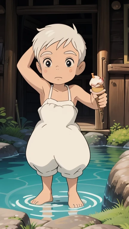 Cute Boy, ((young)), shota, wearing prince clothes, royalty, royal clothes, ???, ((shota)), short hair, ((boy)), (white hair), grey eyes, crouching on stone, looking at his thigh, wet, water splashed on him, arms raised, armpit visible, shy, eating an ice cream, ice cream dripping on him