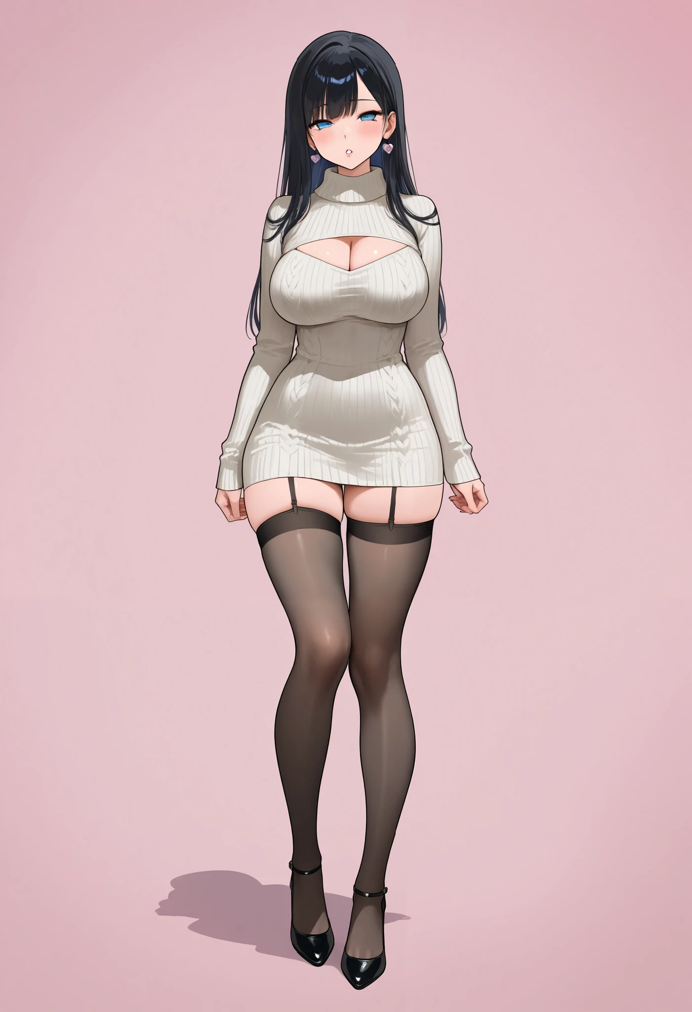  beauty　sexy　glamour　Sexy pose　lure　disgusting expression　narrows his eyes　full body　ripping stockings 　knees in the sky　knitted dress