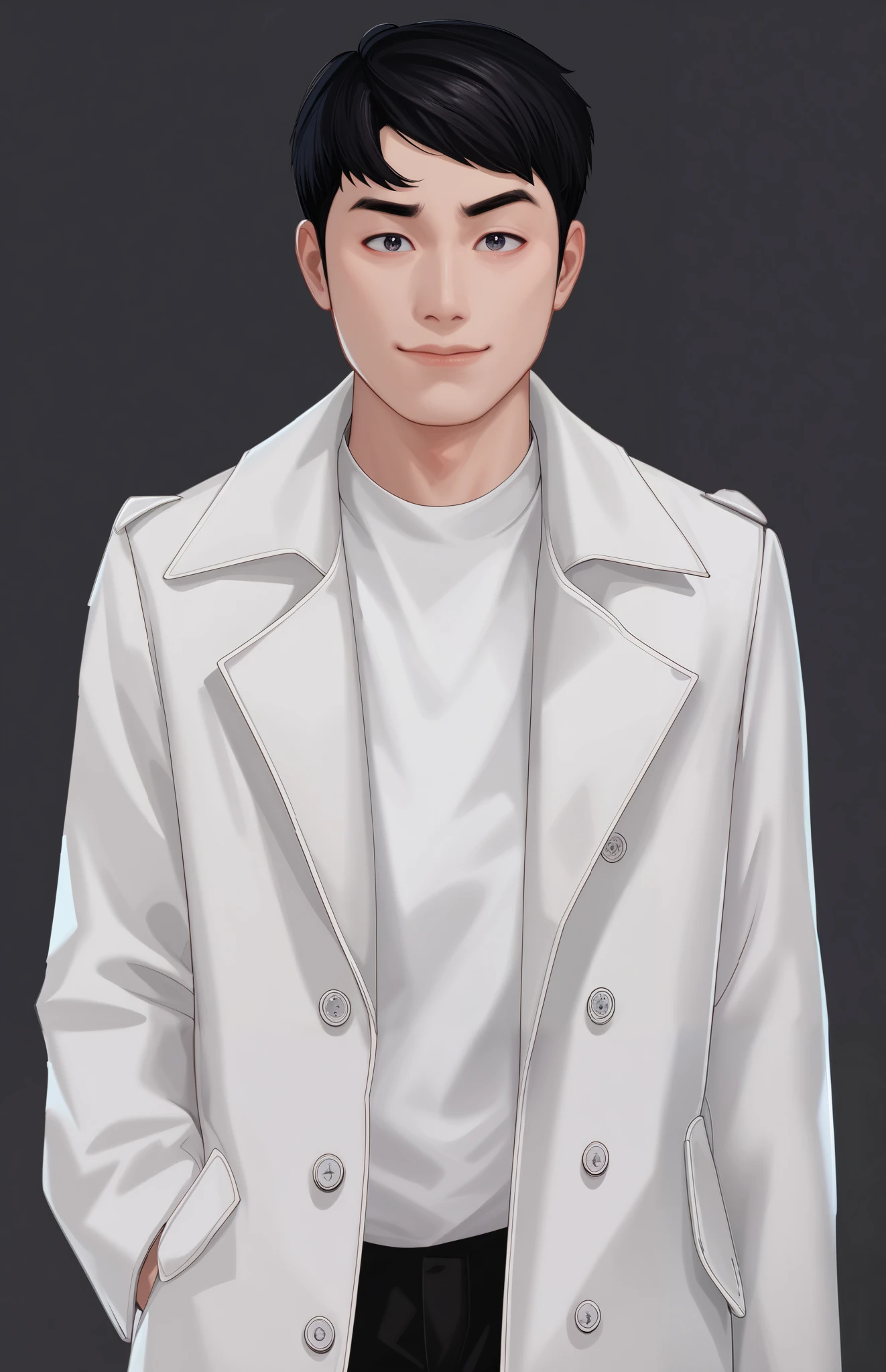 Raise eyebrows, Big Face,Square face,Small eyes.Chinese talk show actor,Xu Zhisheng,2D game hand-drawn artistic effects,Game character setting, Xu Zhisheng, comedy talk show man,Raise eyebrows, Square face,Small eyes,Single eyelid,Xu Zhisheng,Game character setting ,Xu Zhisheng, comedy talk show man,,Single eyelid,Game character setting,,showman, Look at the Camera , short hair, exquisite facial lines, has bright eyes, vertical hem with both arms,Relaxed and confident;Wearing a suit jacket,collar、Details such as zippers are simple and clean,Wear light-colored clothing inside,background is pure gray,graphic game character original drawing
