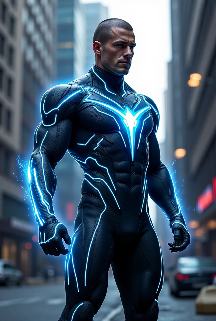 Male character in his 20s wearing a blue digital electric costume