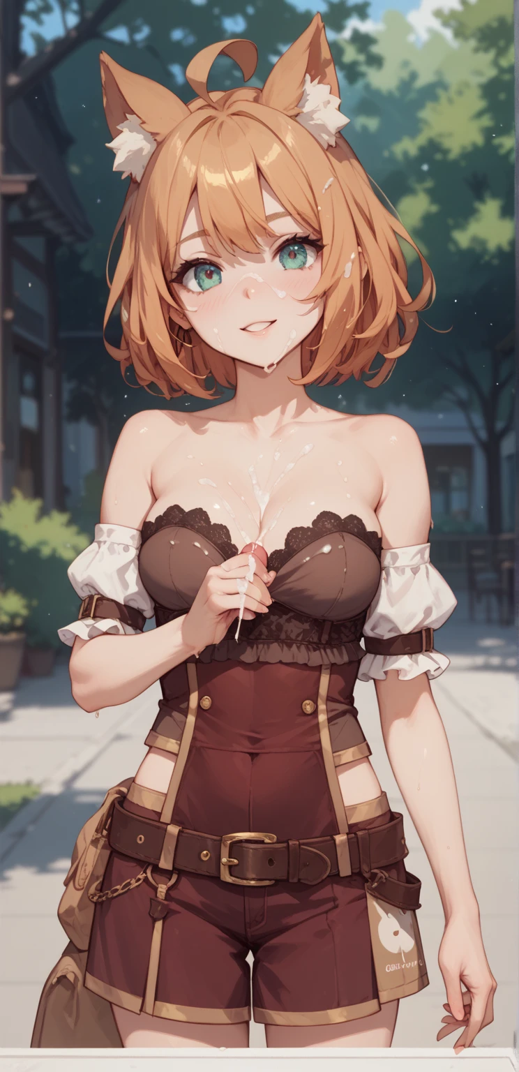 Masterpiece、Anime Coloring、Ultra fine、、Brown Hair、short hair、Yellow-green eyes、Open your mouth wide、Lower Angle、cowboy shot、looking at the camera、smile、blush、Watery eye、Parted bangs、Off the shoulder、Leaning forward、garden、blue sky、sunny、Small breasts、Deer horn