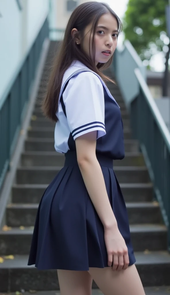 ((top-quality、8K、masterpiece:1.3))、foco nítido:1.2、Beautiful Women in Perfect Style:1.4、Slender Abs:1.2、((dark brown hair、Colossal tits:1.2))、(natural soft light、City Street:1.1)、Highly detailed facial and skin texture、A detailed eye、二重まぶた、Sexy schoolgirl in miniskirt sailor suit、A slight smil,She is facing backwards and a little of her butt is visible through her miniskirt..