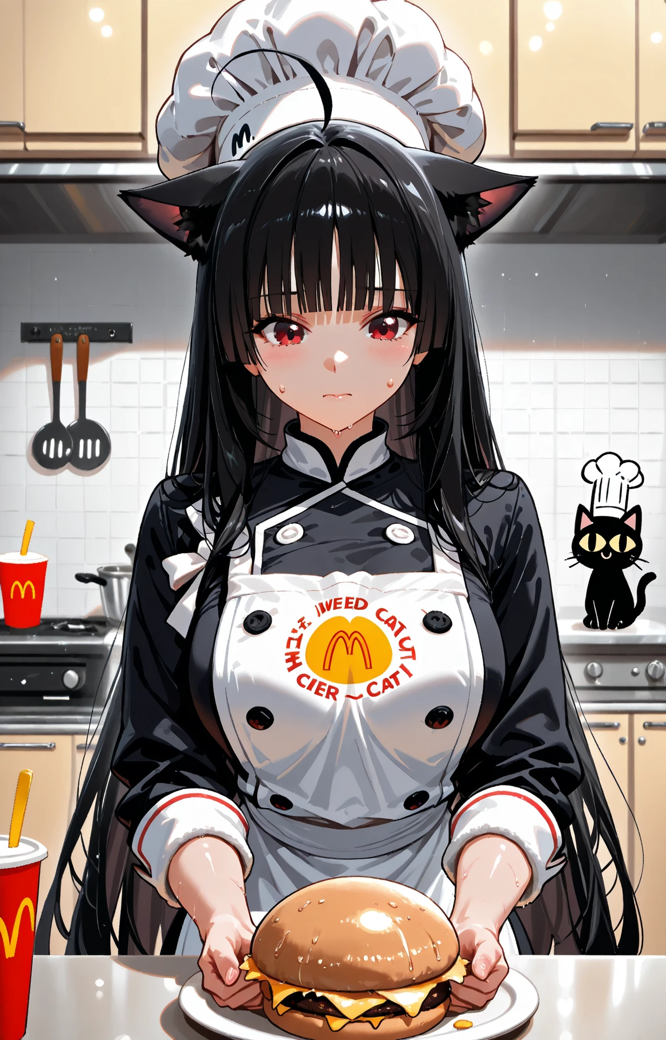 cat: kitchen, wool wet with sweat and grease helps. cat asa pescado, for McDonald's. chef's hat to a cat, I wore a.
sexy girl help ((cat girl, cat black ears)), (red eyes), (long hair), (( black hair, (Ahoge), straight bangs,)),, caress the cook cat