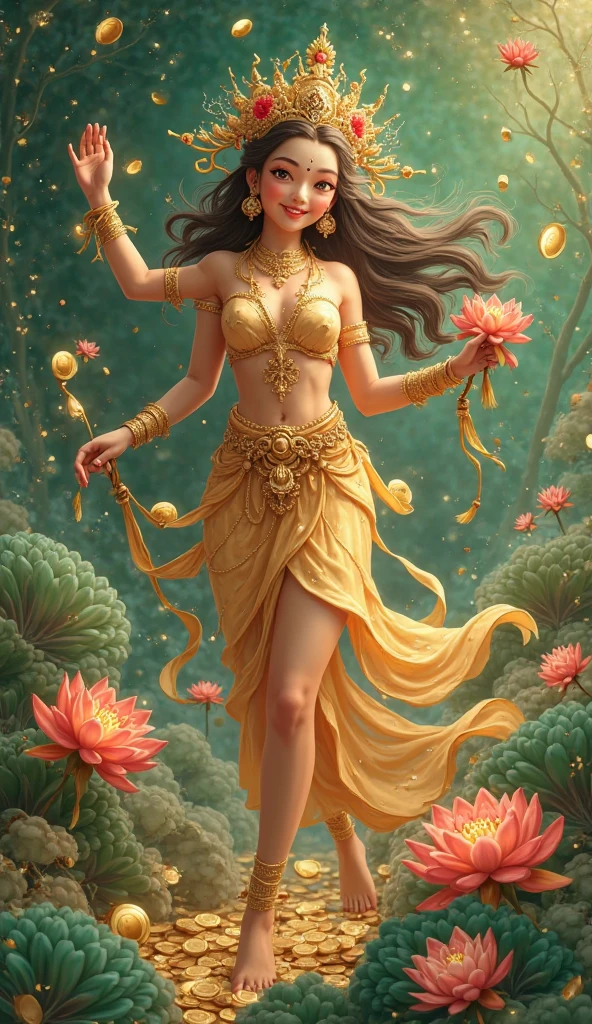In the garden of the void, Beautiful virgin,green colored skin,Four arms,trident,Peacock Ling,Black snake in hand,The body is decorated with snakes,white streamer,Delicate and radiant skin,Barefoot,(Long curved eyebrows),Beautiful eyes sparkle,The large, Jewel-like eyes sparkle,Clear pupils have reflected light,二重まぶた,Lying silkworm,looks into camera,((Plump and rosy lips)) Clearly visible,((Flushed cheeks)),The mandible is plump,Green skin is delicate and smooth,Delicate skin translucent,A delicate and dexterous crown,inlaid gemstones,Delicate and skillfully set gemstones,(Yellow dress),Perfectly designed jewelry is exquisite,Beautiful eyes looking directly at the camera,(((nice hand))),((((Good feet))),(((good legs))),Realistic skin,((Correct body structure)),Yellow costume,Blue sky,Head background with round light,Behind him is a colorful rainbow circle,Color glow is turned on,Front lighting,Positive light,No shadows on the face,There are no shadows on the body,Blue sky,Unreal space,ethereal world,dreamworld,with blue sky and white clouds,tmasterpiece,4K,ultra-definition,professional photoshooting,Perspective looks up,Standard lens shooting,