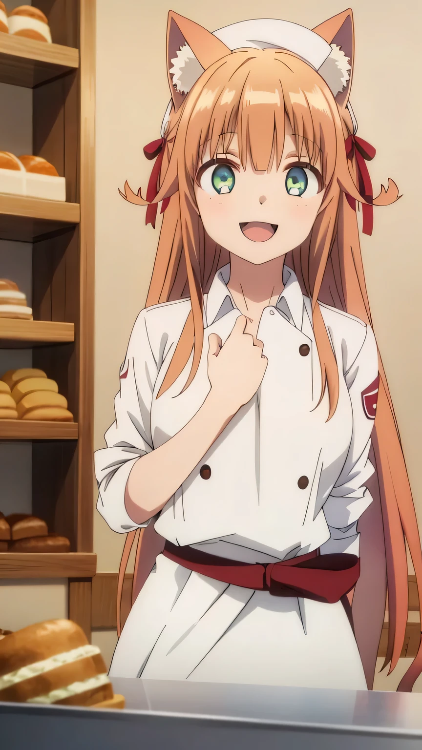 {{{masterpiece}}}, (best quality:1.5), (ultra-detailed:1.5), {illustration}, {{an extremely delicate and beautiful}}, (beautiful detailed eyes:1.6), absurdres, highres, extremely detailed face, 16k, hd, visual anime de uma jovem mulher, extremamente bonito rosto de anime, anime melhor garota, (perfect hands, perfect anatomy), anime face, Kanade(Beast Tamer), kanade, cute face, cat girl, cat ears, light brown hair, very long hair, bangs, sidelocks, red hair ribbon, Big eyes, green eyes,(High resolution eyes, Beautiful eyes, Light in the eyes), medium breasts, big hips, curvaceous, cat tail, BREAK,1girl, bakeryclerk, white headwear, chef, uniform, white shirt, (double-breasted:1.2), waist apron, sleeves rolled up, white sash, white pants, BREAK, smiling, open mouth, indoor, bakery, greeting