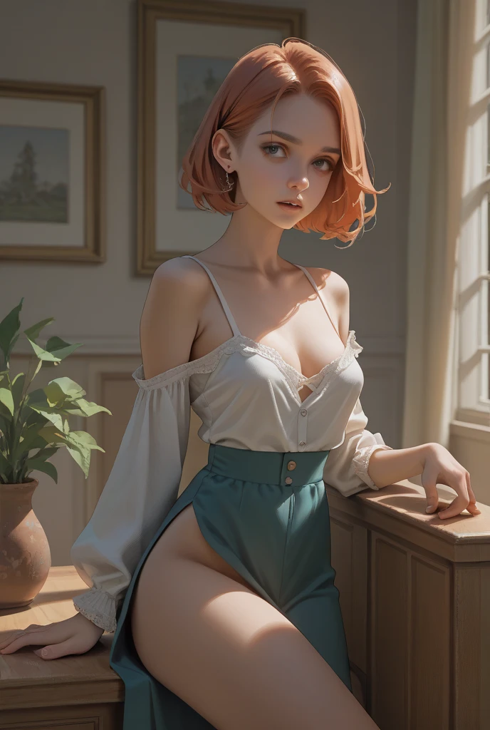 (highres,photorealistic),(beautiful girl:1.2,naked:0.9, pubic hair:0.9),detailed eyes and face,long eyelashes,relaxed expression,soft lighting, class room background,vivid colors,realistic skin texture,subtle makeup,gentle shadows,curly red hair, short hair, subdued color palette,sensual atmosphere