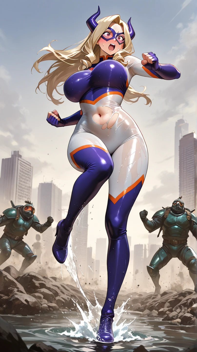 ((masterpiece)), 8k resolution, (((female superhero))), Extremely curvy woman, fit body, (full body from head to toes), ((transparent clothes:1.2)), tight spandex suit, pastel color outfit, nipple exposed, ((cameltoe)), outdoor landscape, burning building, crash site, civil war