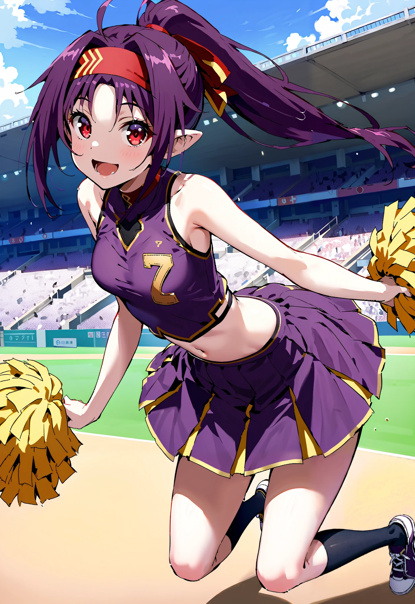 score_9, score_8_up, score_7_up, source_anime,
yuukikonno, yuuki konno,solo, red headband, long hair, pointed ears, purple hair, Red Eyes,ponytail,smile,cover,opens her mouth,(Cheerleading), (full body), on chest, (sweated), sweated Wet Clothes, ( purple clothes),sleeveless, pleated skirt,black socks,sneakers with a ladyback letter, stomach button support , playground, (jump), (jump), 両足を曲げてjumpする, blue sky, Compa, smile,cheerleader, Pom-pom \(Cheerleading\) real hair ornaments,full bodyがイラストに入るように,break outdoors,Stadium,
break looking at viewer,full body,
break (masterpiece:1.2),top quality , kampala,unity 8k 壁紙,(shape:0.8),( fine and beautiful eyes :1.6),It's a person ,full body写真,CG Details , (perfect hands,complete anatomy),