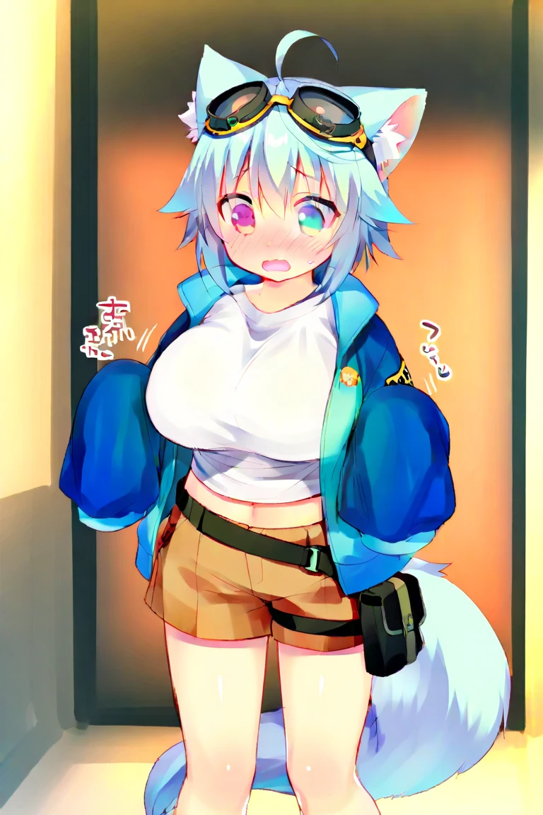 (Masterpiece, Best Quality), a woman on a white background, short hair with a blue stripe down the center of the head, beautiful face, BIG BREASTS, Voluminous body, (1 girl, Alone:1.3),, blank background, medium shot, Upper part of the body, detailed face,SMILE, Open mouth, long sleeves, raglan sleeves, ,Multicolored shirt, tongue out, graphic shirt, Woman with blonde hair with blue highlights, fox ears, beautiful sexy body, abundant body, Beautiful thighs, one lens, beautiful green eyes, wears cyan blue jacket, blue stripe in the middle of his head, anime style character, White background, Ella está parada looking ahead, normal forward position, looking ahead, muestra de fox ears, without cutting body parts, visible body, DON&#39;T LET THE IMAGE CUT PART OF THE BODY, she is wearing a cyan blue jacket with a short black skirt, her body is beautiful and young, the lock of hair in the middle of his head is blue and the back of his hair is also blue. she uses glasses. show the entire part of your head without cutting off your ears.