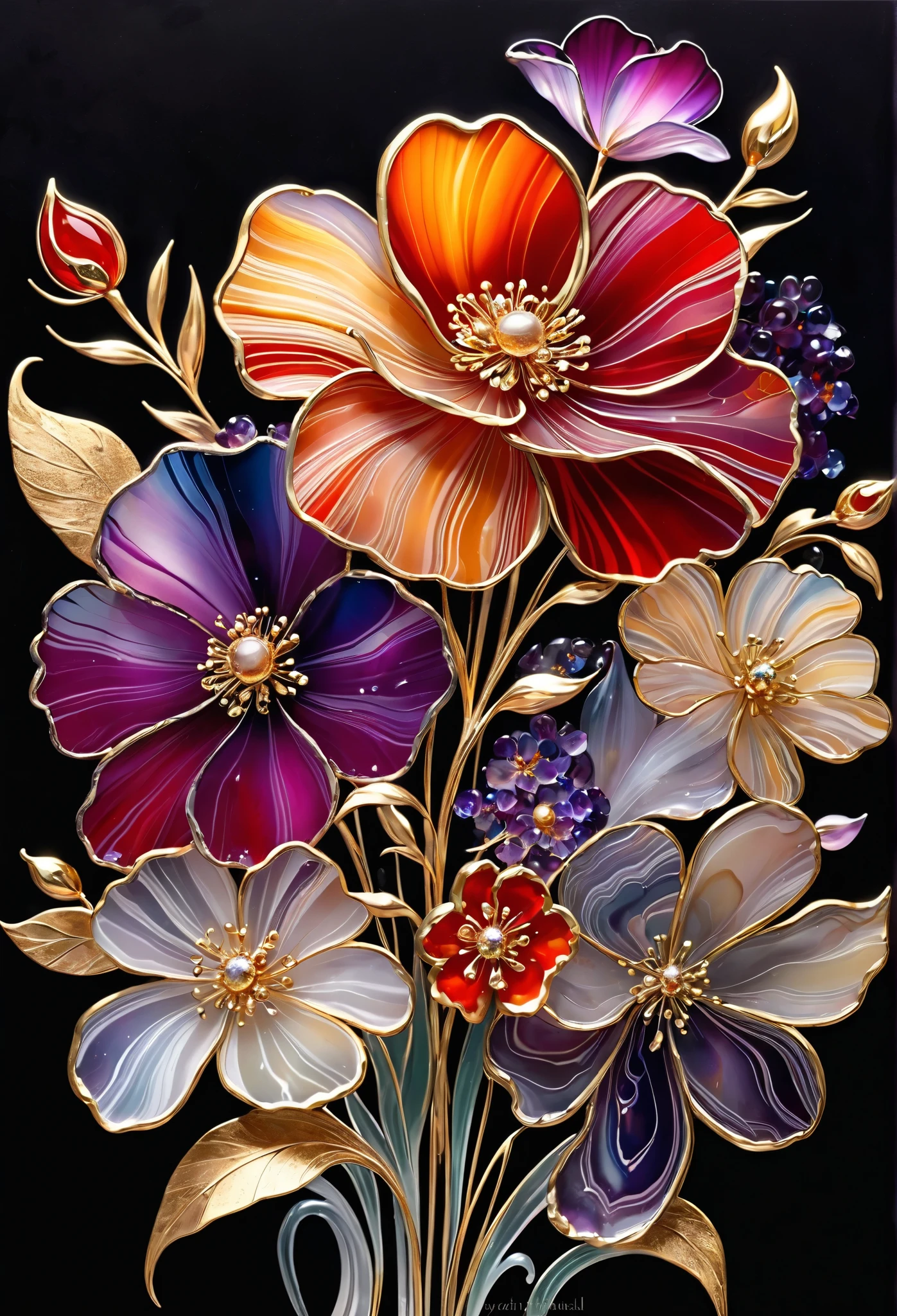 Bouquet of blooming flowers ,petals show different shades of red and purple, center is decorated with gold texture,sparkling, Elegant and unique , gently swaying , Mysterious and charming ,realistic and abstract art,details,very realistic, beautiful and vital , fabulous and surreal ,delicate brush strokes and rich colors, beauty and mystery , Unimaginable beauty , Sophisticated and sophisticated ,transparent,transparent, Material agate ,Material Jade ,Anna Bachelier, art-style sketch , art in the center and black background