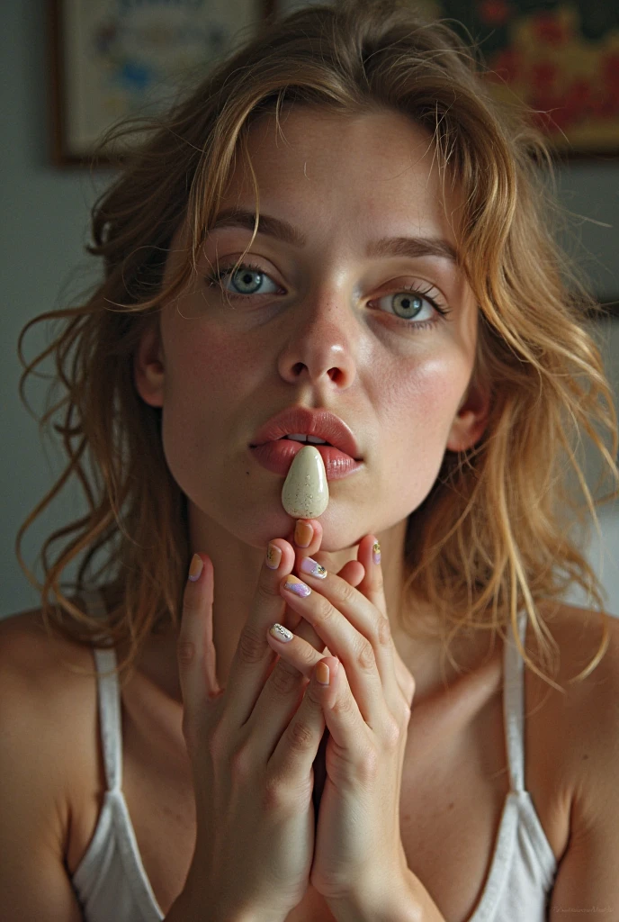 an 18 year old woman, blond hair, blue eyes , sucking a 22cm long penis