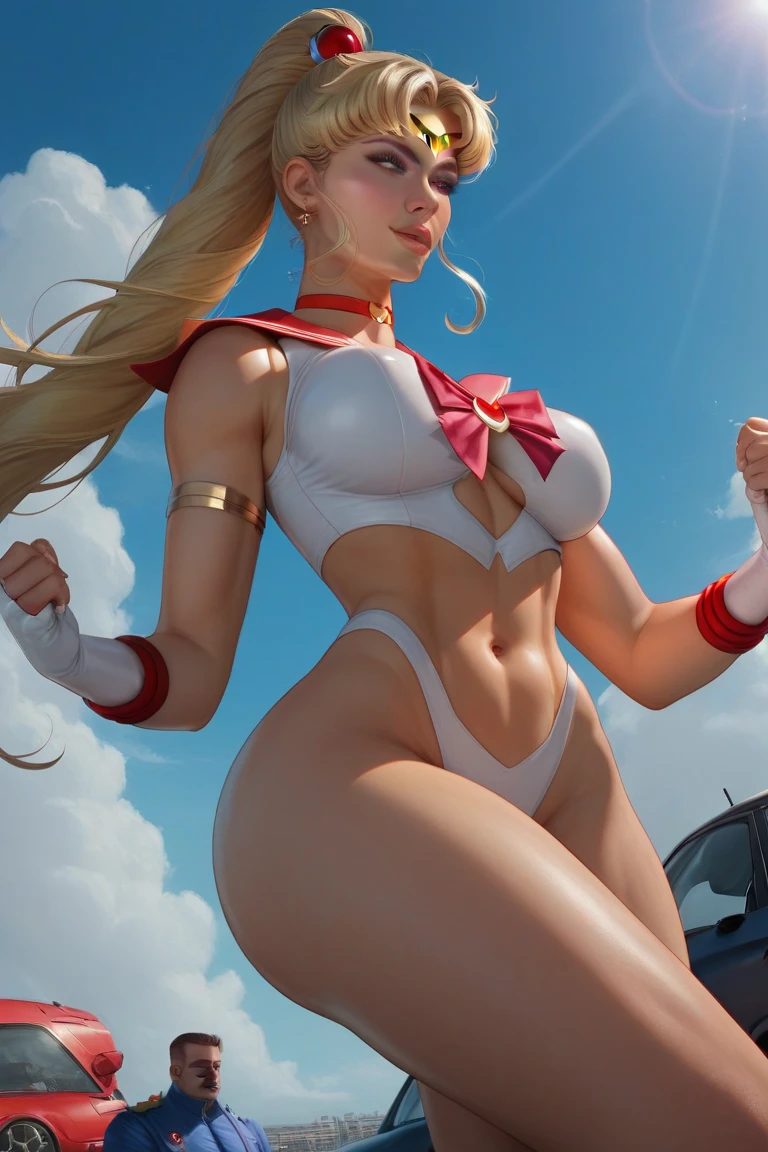 STICKER, (best quality, masterpiece), (solid outline:1.2), Dynamic Lighting, Sailor Moon, simple background, solo women, squatting, full body portrait, long blonde hair, sailor moon cosplay, wavy hair, detailed face, smirking, medium breasts, model pose, shoes, Cleavage, face view, ass view, white panties, thong, hands behind body, white bra, big breasts