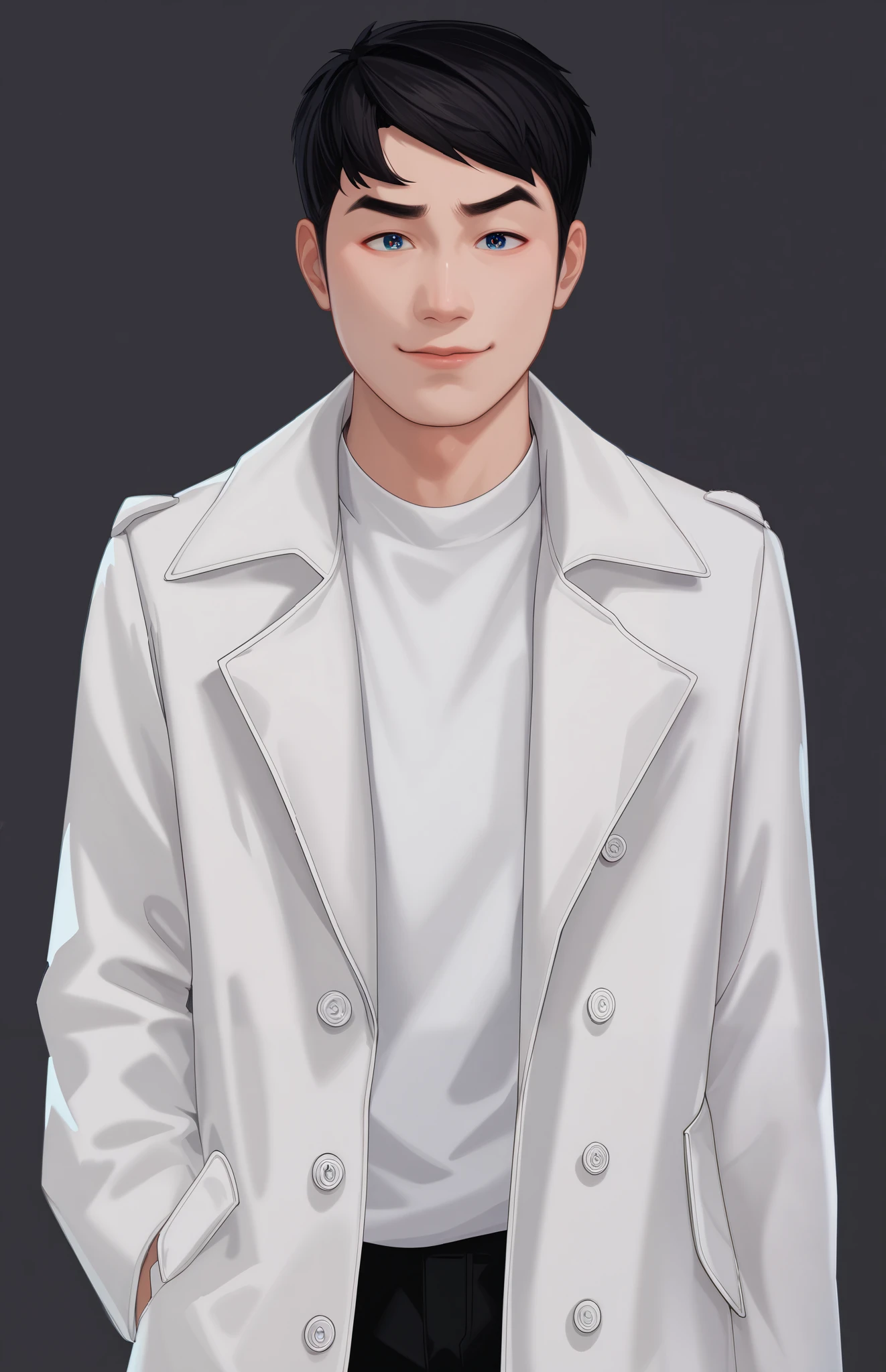 Raise eyebrows, Big Face,Square face,Small eyes.Chinese talk show actor,Xu Zhisheng,2D game hand-drawn artistic effects,Game character setting, Xu Zhisheng, comedy talk show man,Raise eyebrows, Square face,Small eyes,Single eyelid,Xu Zhisheng,Game character setting ,Xu Zhisheng, comedy talk show man,,Single eyelid,Game character setting,,showman, Look at the Camera , short hair, exquisite facial lines, has bright eyes, vertical hem with both arms,Relaxed and confident;Wearing a suit jacket,collar、Details such as zippers are simple and clean,Wear light-colored clothing inside,background is pure gray,graphic game character original drawing
