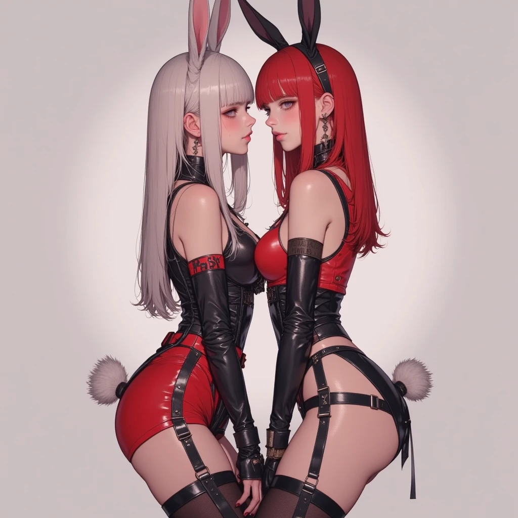 "2 girls, ((Masterpiece)), [Slim], (Small breasts), Pale skin, ((Detailed eyes)), (Background blur), ganyudef white long hair, Red eyes, villainous, Dark theme, [eyes liner], Evil".. Embracing. Profusely Blushing, profusely sweating. Naked Lesbian.  (Groping fondling pulling breasts). Spit. (Bunny suit).  [multiple penetration cream-pie] [stripping of clothes]  {bending over), recoil, violent. Kneeling. Heart pupils. Deepthroating. Crawling. (Cum dripping spread pussy) exposed pussy. Pulling hair, long tongue. Masturbation. Dildo. Rape. sex. Open mouth. Crawling. Smut. Erotica. Decapitated. Choking. Riding on dildo. Sex toys, pantyhose