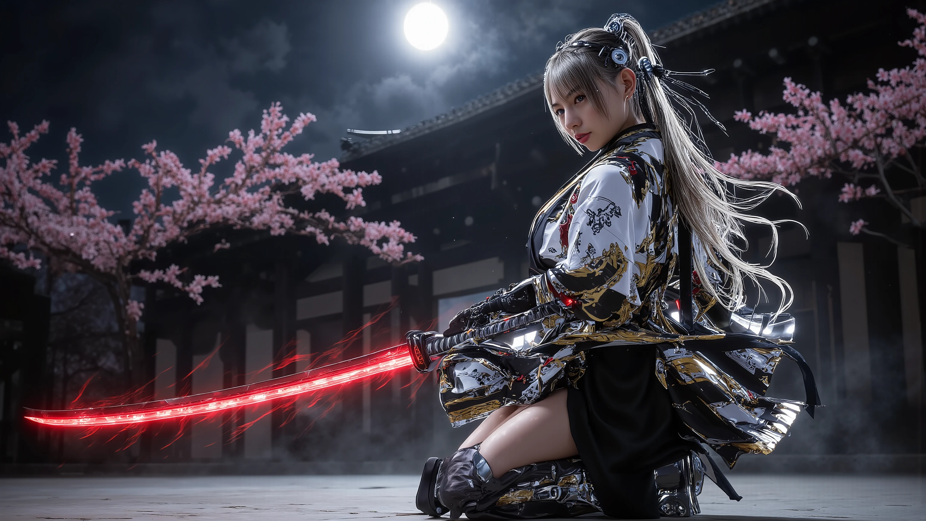 (Grand Prix winning combat movie scene)、(masterpiece)、 moonlight 、 excited 、((Full body illustration 1 .5))、((Figure pulling out a sword ))、 wide full shot 、 photorealistic, 高精細CG, best image quality, 8k, HQ, is extremely fine, ( I have a red thunder sword :1.2)、He holds a crimson lightning Japanese sword in his hand、 extraordinary beauty、 it snows 、 cherry blossoms are dancing at night 、 the dim light shines 、Ancient temple background 、 I have a red lightning Japanese sword in my hand beautiful black , white, and a golden kimono 、(refined, feminine silhouette:1.4)、( perfect style:1.1)、( :1.3)、((( cyberpunk with silver and red limbs )))、( white and black gradient hair)、( Tattoo:1.3)、Perfect Headdress 、 perfect earrings