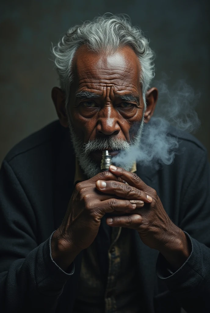 "The face of an aging black man is the center of the image. He has a pipe in his mouth, that emits thick smoke that partially covers your face. On the man's forehead, a pyramid is fixed with the 'All-Seeing Eye', clearly standing out. The smoke from the pipe blends into the surroundings, creating an enigmatic effect and accentuating the symbolism present in the