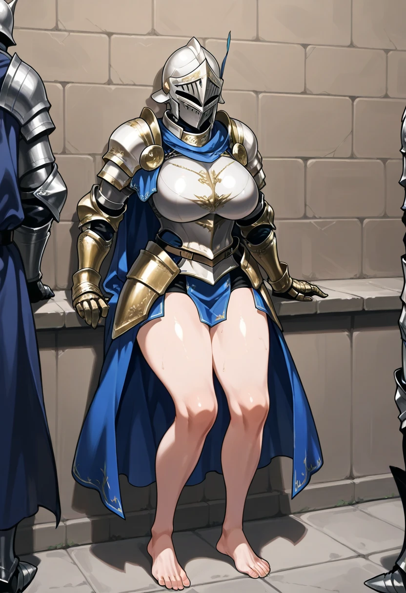 Female, standing, straight, long_hair, messy_hair, white_hair, maid with armor, metal high heels