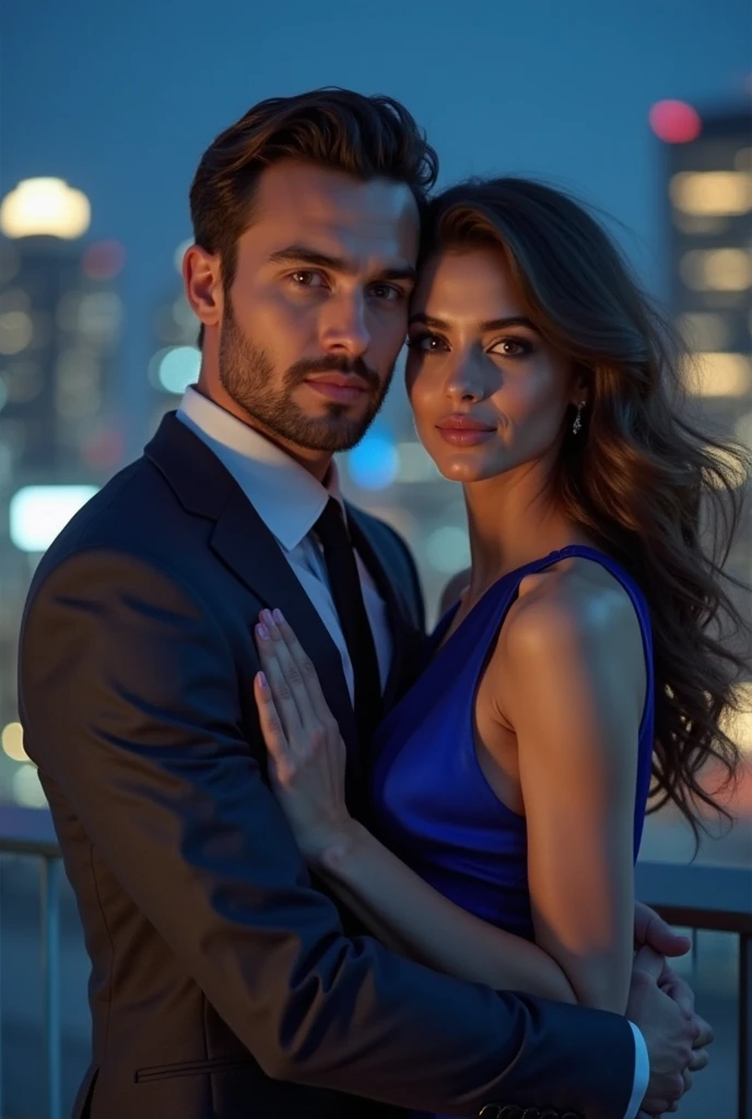 (Photorealistic:1.4), UHD, High Res, ((best quality)), ((masterpiece)), (detailed), perfect face, perfect body, perfect hands, perfect fingers, natural skin:1.4, looking at viewer:1.4, photo of couple, ((man and women)). A man is Andreas Iniesta and the women is Angelina. A (man wearing open blazer and jeans), while the (women is wearing kebaya). ((women is curvy:0.7)), ((firm small breast)), Faint smile, Standing, dynamic pose, full body photo, The photo was taken using a Canon EOS 1500D DSLR camera with very professional techniques with maximum color depth, perfect shadows and very accurate lighting, Night time, on the balcony of a city building, with a background of the city view at night featuring the twinkling lights that are very beautiful. The night sky is very beautiful with the appearance of shining stars.