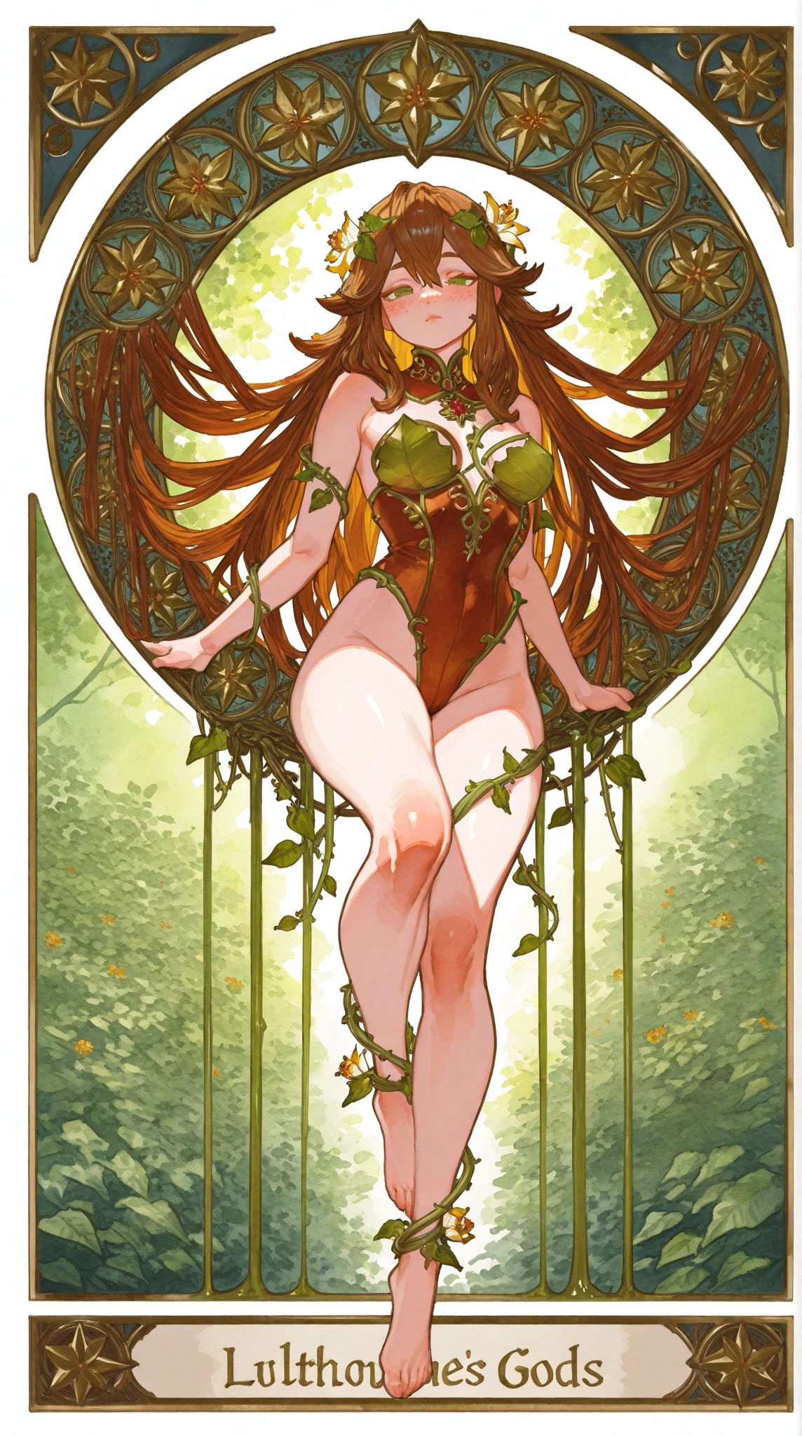 A gorgeous woman, goddess type nude with some ivy and vines for hair, top-quality, seductive, big beautiful eye, Extraordinary beauty、Revealing costume
