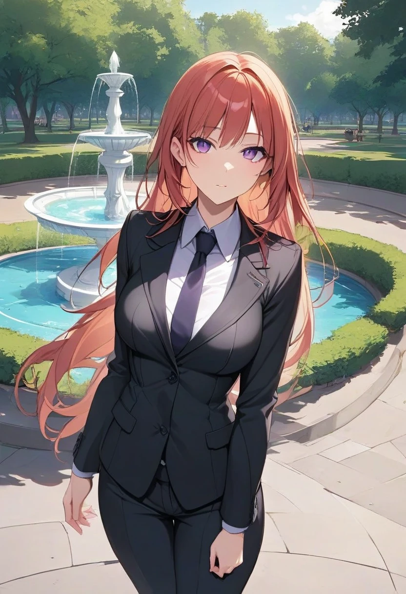 ((masterpiece, best quality, ultra-detailed)), highres, beautiful angry business woman looking at viewer frustrated, black business suit, black midi pencil skirt, long pencil skirt, white blouse, heels, full body, large bust, wavy crimson hair, summer, backyard, sitting by pool, water, fence