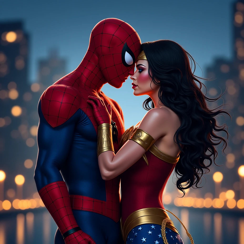 Spiderman is inserting his fingers in Wonder Woman’s vagina under her skirt, he is fingering her, she is in ecstasy, 