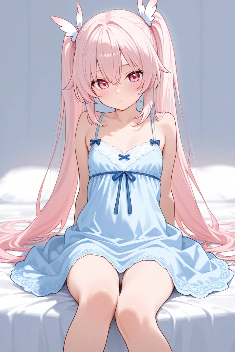 (8K、Top image quality、top-quality、​masterpiece)、1 loli、Pink hair、Long to Side Up、light blue  eyes、evilsmile、Smaller chest、Camisole dress、bare-legged、Lying on your back in bed、Taken from above