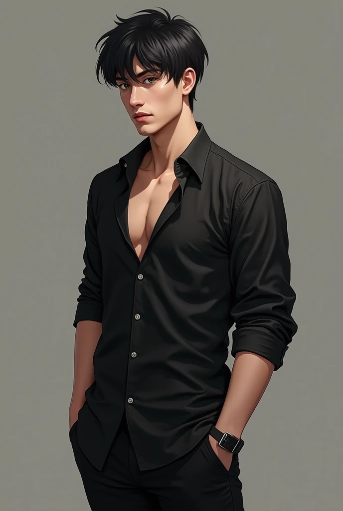 A digital drawing of a 22-year-old man with black hair and dark blue eyes wearing a black shirt open at the top button and light denim shorts and black sneakers with a frowning face.