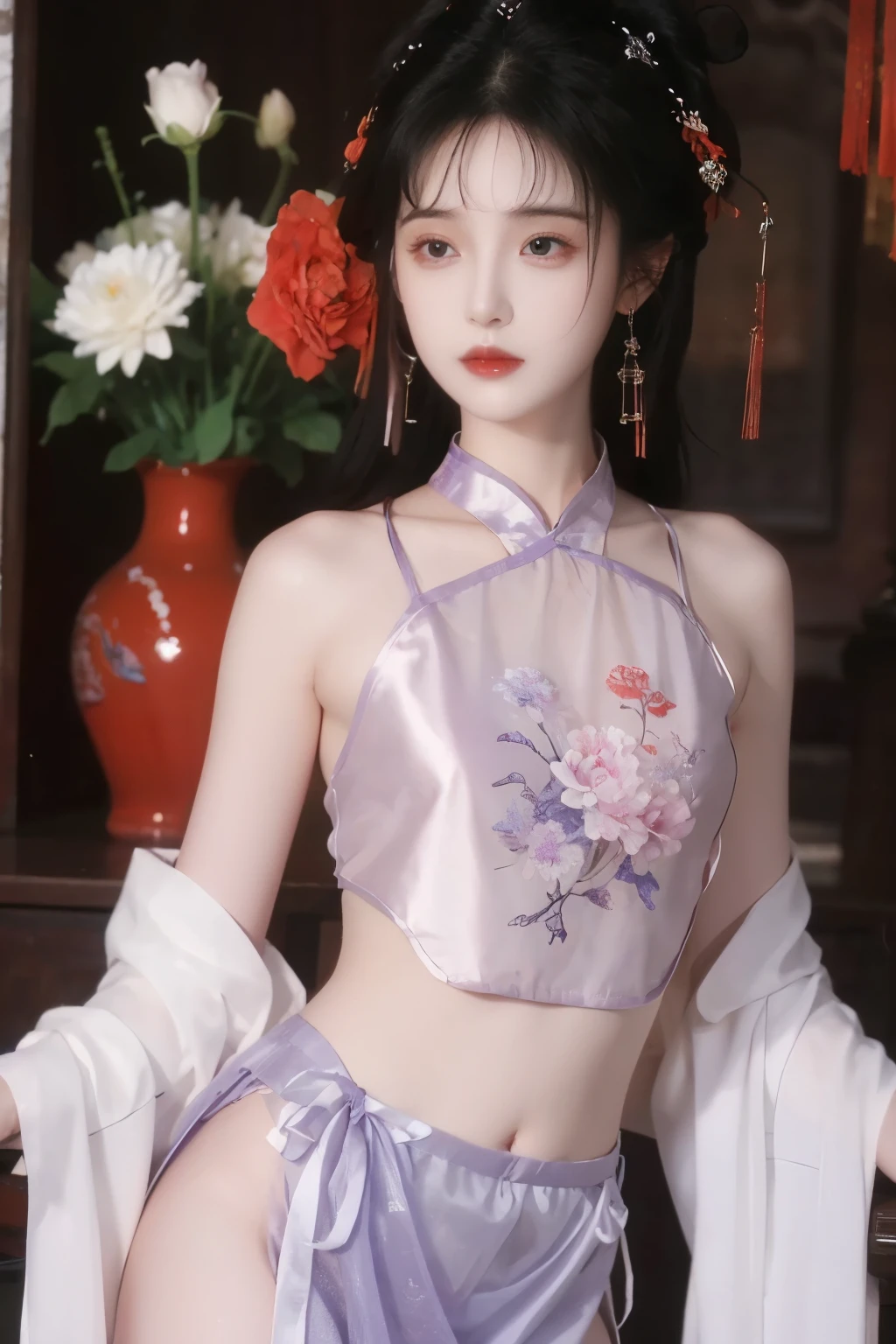( masterpiece, Top Quality, best quality, official art, beautiful and aesthetic:1.2), (1 Girl:1.3), flat chest, extremely detailed,(Fractal Art:1.1),(Flowers:1.3),Highest Detail,(dynamic pose), (background:1.3), (Traditional Chinese purple and white clothing:1.2), (shiny skin) ,(earrings:1.1),