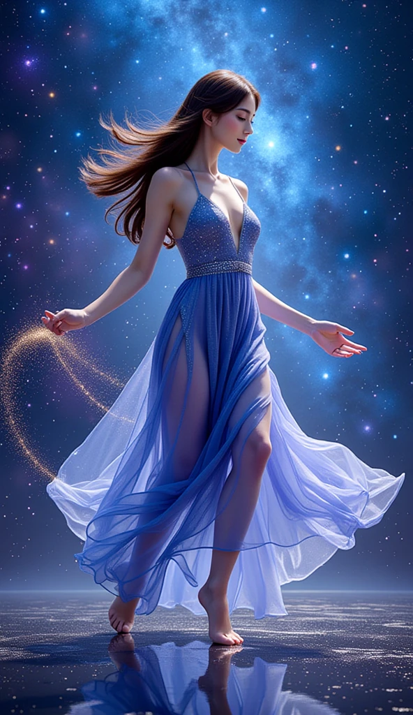 beautiful French woman,sensual pose,magical night,illustration,ultra-detailed,realistic colors,soft lighting,romantic atmosphere,flowing dress,sparkling stars,endless beauty,artistic style,ethereal beauty