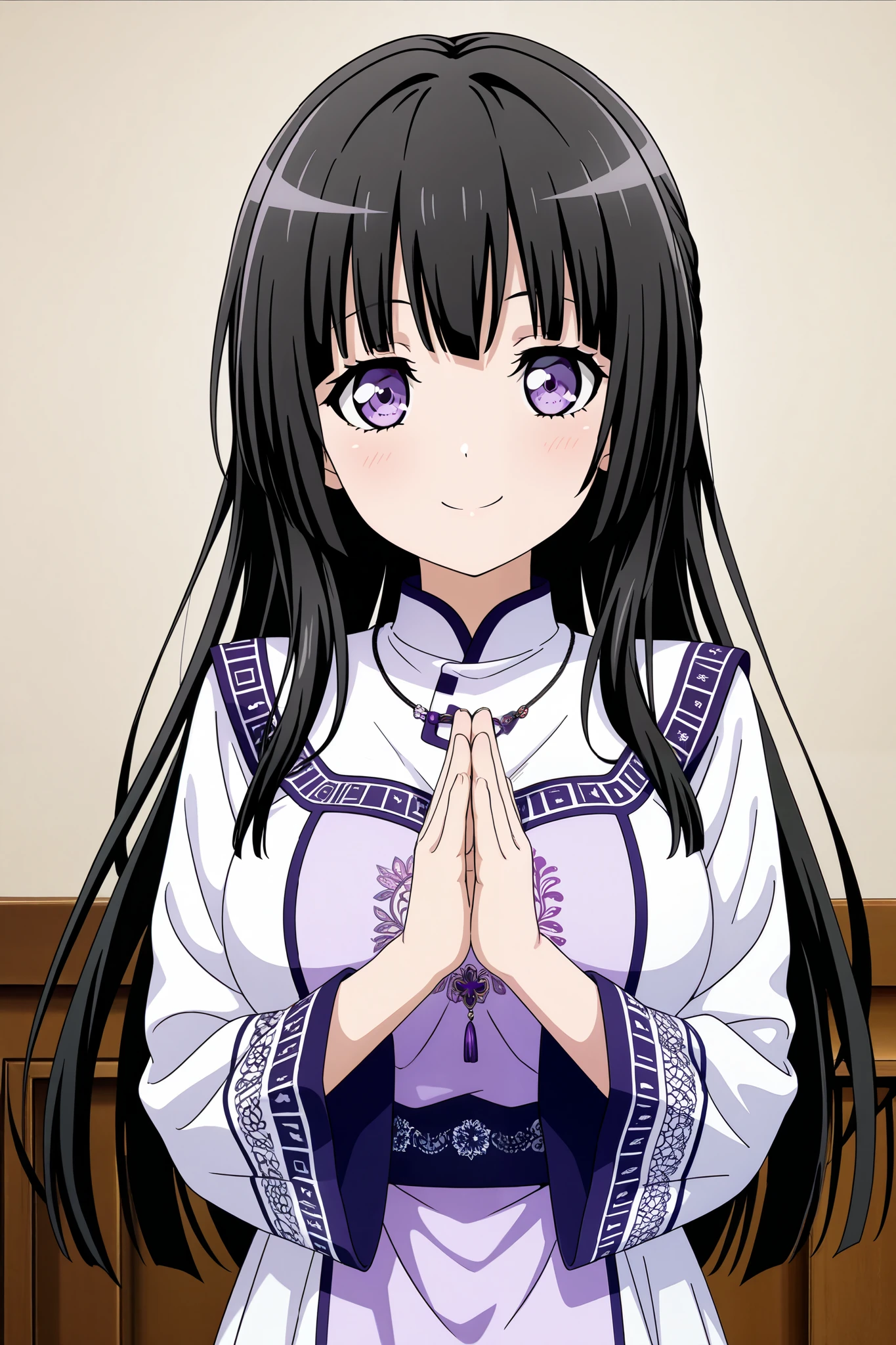 score_9, score_8_up, score_7_up, best quality, masterpiece, source_anime, anime coloring, anime screencap, official art 3d bang dream! official art 3d, Detailed eyes, Perfect eyes, good eyes,
BREAK 
1girl, solo, Shirokane rinko, long hair,blunt bangs ,black hair,purple eyes, large breasts, bang dream!, best quality, amazing quality, very aesthetic, Long-sleeved clothes, purple Islamic clothes , Namaste, full color , smile, standing, looking at viewer, palms together, parallel, Fingers pointing up.
