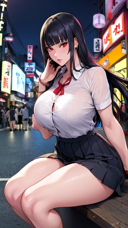 A person posing with a large white bag on their lap, jewelry, skirt, shirt, chest, Red eyes, bangs, Black Hair, Long Hair, large chest, white shirt, Earrings, pleated skirt, black skirt, One person, View your viewers, bracelet, collared shirt, Thighs, Earrings, blunt bangs, Outdoor(,(,Outdoor,Tokyo,Kabukicho,night:1.5),, (重いchest:1.1, ), huge chest), (重いchest:1.1, ), (,Are standing:1.1, ),, Thighsの隙間、
