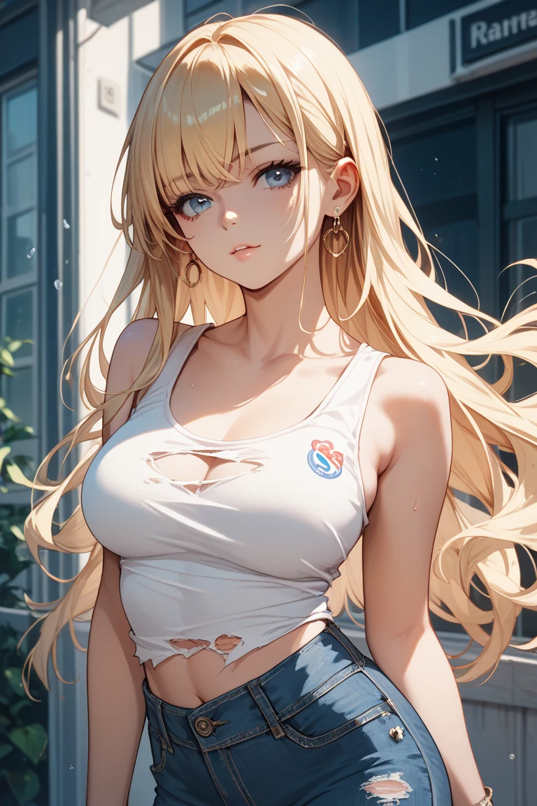 Beautiful girl, blonde, T-shirt, jacket, tummy