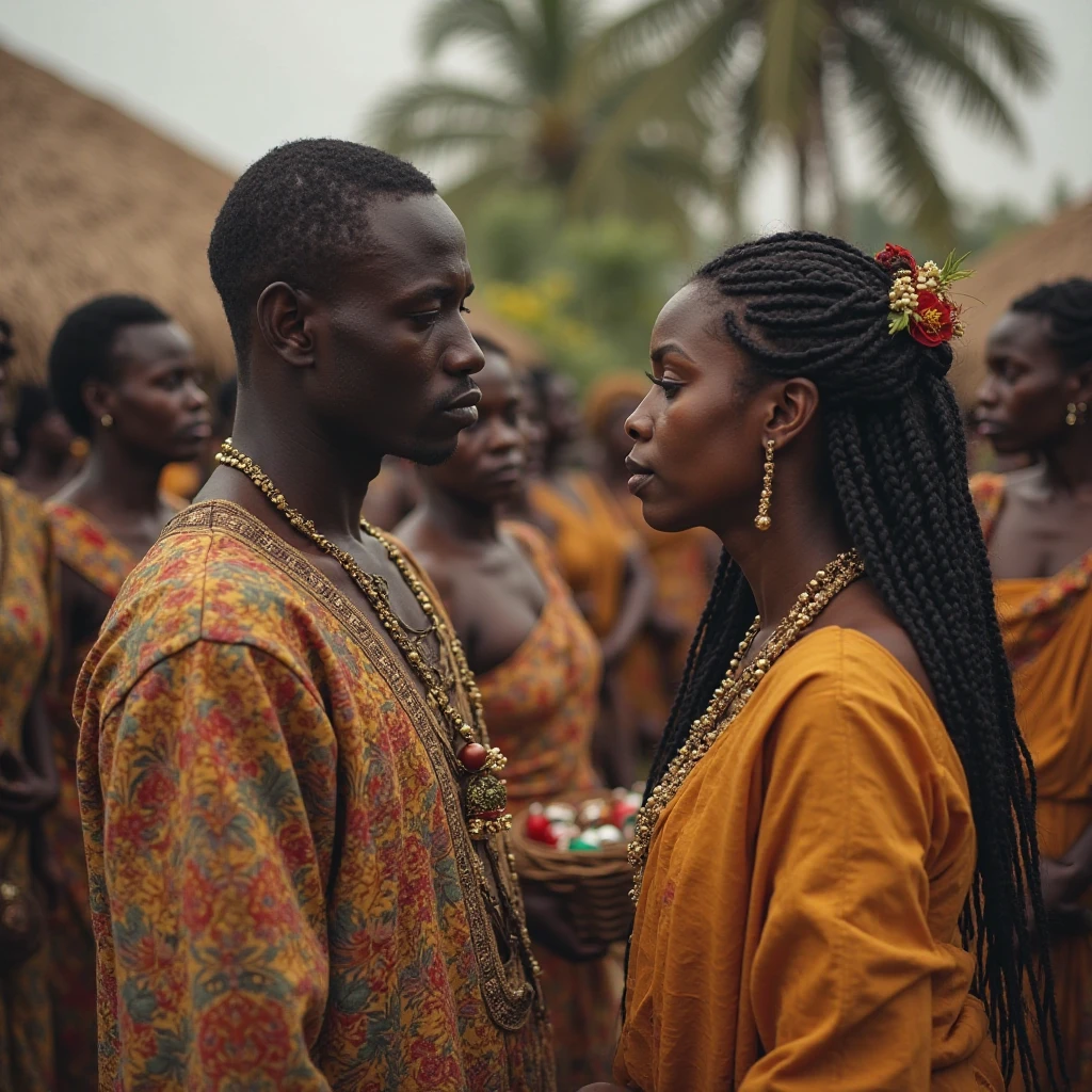 Create an image of a handsome young igbo man of about 30years a hunter having a traditional igbo marriage with a beautiful igbo woman of about 28years dressed in traditional igbo attire at her father's local compound