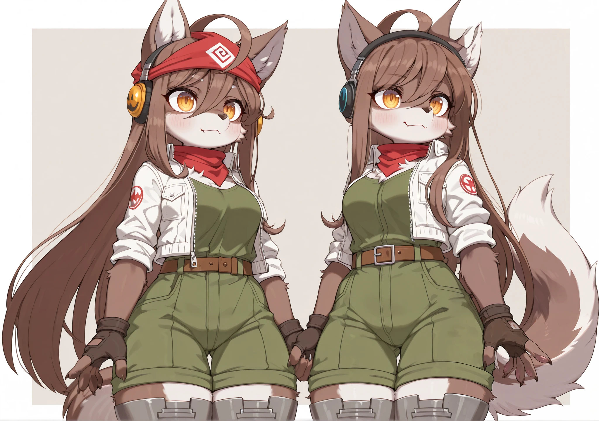 masterpiece,high quality portrait,16k,round head,round chin,small fangs and big round eye shape:yellow/brown eyes),author: Tsu_Ji; Ookami-Chan furry female,furry,1girl,furry,furry female,Short Female Wolf,Furry Wolf,Female Wolf Kemono Head,Female Wolf Kemono Face,breasts,wolf animal ears full brown,wolf animal print,side locks,Pale Taupe brown hair,Pale Taupe brown fur,Full brown arms and hands,white under fur arms and hands,really big ahoge,furry female very long hair,Short Female Wolf,medium breasts,female wolf animal small snout nose,Female wolf pattern body fur,Female wolf long tail,white fur,young appearence,Wolf Furry,Shortstack,wearing (lt,open jacket,shirt,open clothes,red bandana,sleeves rolled up,white jacket,armored boots,scarf,fingerless gloves,green pants,red scarf,green shirt,zipper,grey footwear,jumpsuit,green shorts,buckle,headphones,knee boots,fox mccloud cosplay,star fo