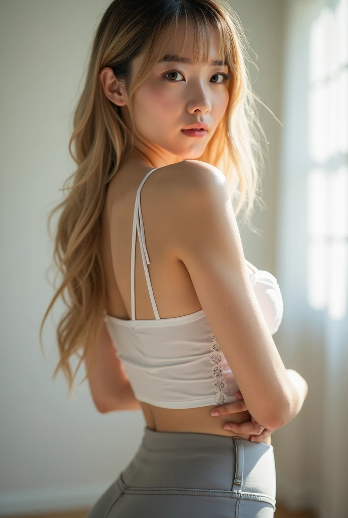 (A hyper-realistic), (illustratio), (high resolucion), (8K), (A highly detailed), (The best illustrations), (Beautiful detailed eyes), (Top  Quality), (Very detailed), (​masterpiece), (Family Home (Family home) (Family Home (Family home)) (Family Home (Family home) (Family Home (Family home))) (Family Home (Family home) (Family Home (Family home)) (Family Home (Family home) (Family Home (Family home))))), (Detailed face), Solo, 1 Girl, White wavy hair, South Korean, Dichromatic eyes, large full breasts, Long leg, firm abs, camel toes, dynamic posing,apron,Thin tops,short skirts,20 years old,Make your underwear visible,Kitchen,The Kitchen (The Kitchen) (The Kitchen (The Kitchen)) (The Kitchen (The Kitchen) (The Kitchen (The Kitchen))) (The Kitchen (The Kitchen) (The Kitchen (The Kitchen)) (The Kitchen (The Kitchen) (The Kitchen (The Kitchen)))),looking back,The top is a bra,Hollow apron,