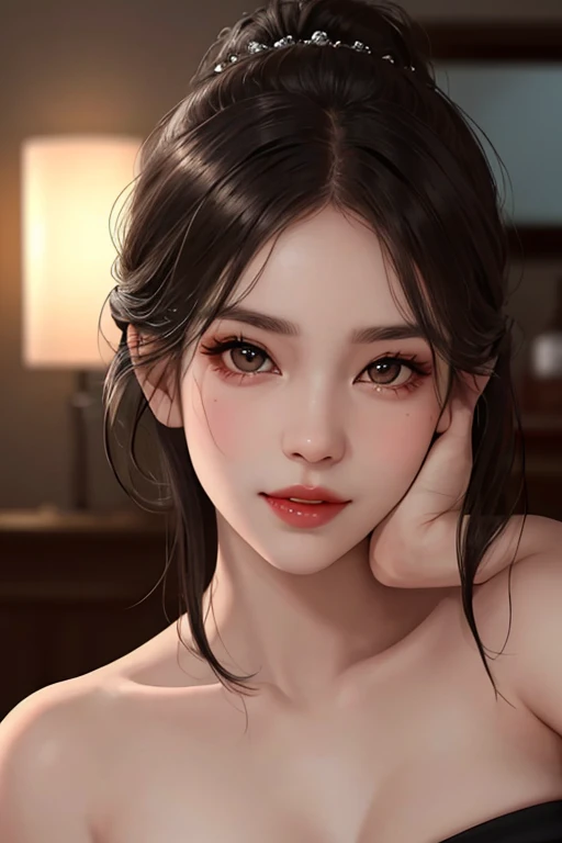 Best Quality, masterpiece, ultra high resolution, (photorealist:1.4), raw photo,1 girl, Alone, realist, Lips, looking at the viewer, teeth, by the wide, parted Lips, nose, Upper part of the body, Brown hair, simple background, Brown eyes, black dress,