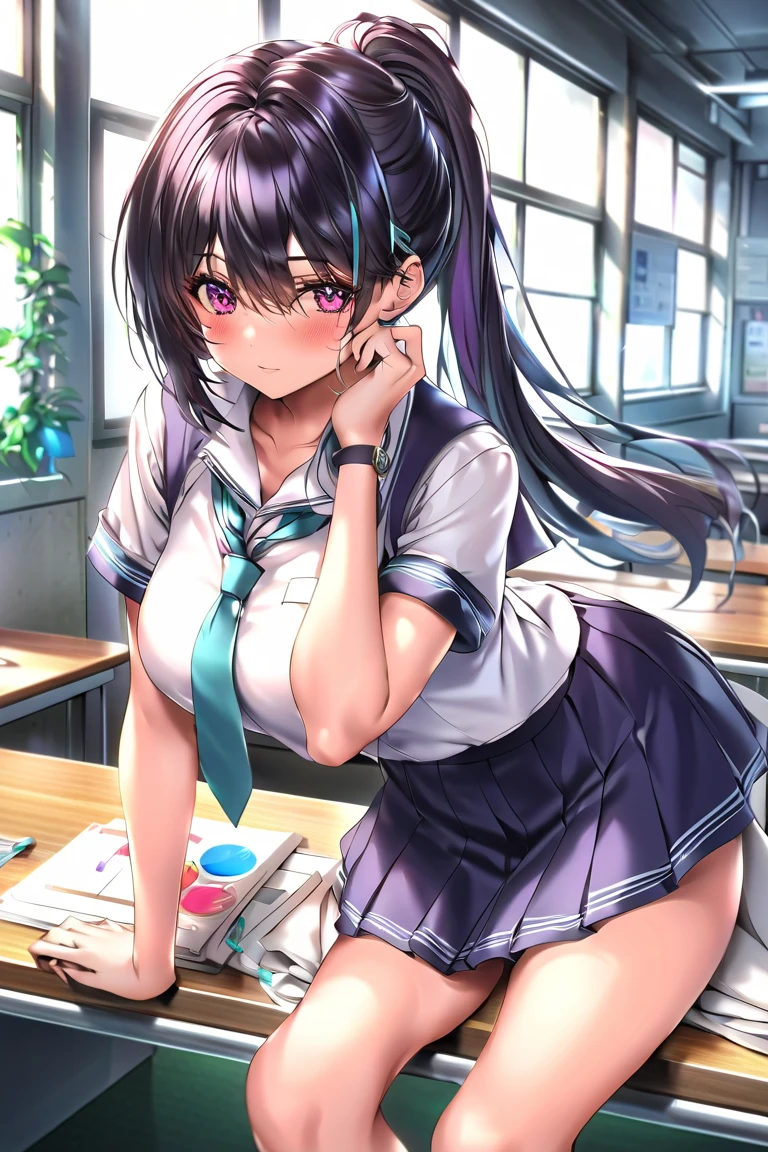 1girll,((There is a five-pointed star in the eye))Gorgeous Hair in Long Purple,Smile,Open mouth,JK school uniform,Blushlush,Cat ears,sofe,Classroom,classroom desk,all fours,white stockings,Be red in the face