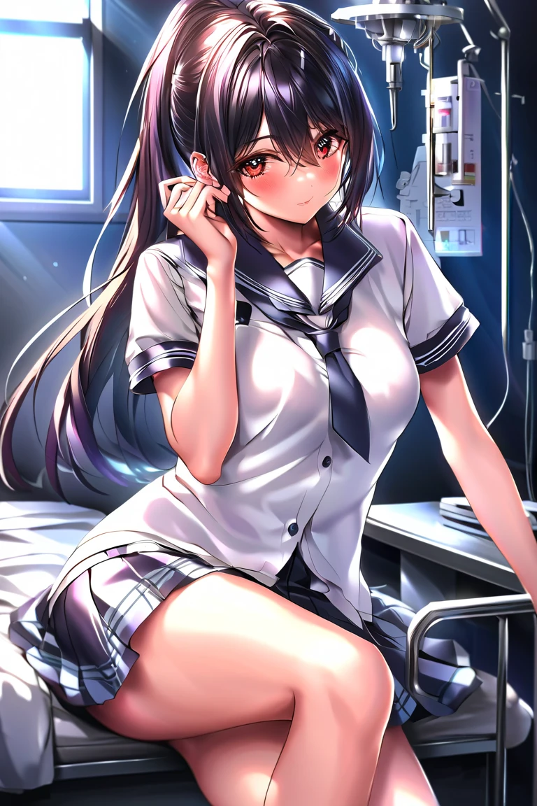 （masutepiece:1.3),high-level image quality、8K,1girl in、 Solo、(Best Quality:1.3), High resolution, Couboy Shot, on  back,Superb view、(One Cute Girl:1.3), Solo, huge smile、Big iridescent heart on background、Angel Ring、with full of stars、Meteor swarm、long purple gorgeous hair，Smile，Open mouth ，Caregiver，hospitals，White nurse's uniform is fluttering，Take off、White nurse hat，Sit down, Spread your legs and reach out、Opening legs、looking at viewert，Underwear is sheer、The color of underwear is black、yogapose、yoga、Iridescent eyes,Wearing a rainbow-colored aura from the whole body、 Shadow lighting,Buttocks、M-shaped legs、yoga pose、perspiring、Love Juice、Juice、Sweat sweat、To A、Straighten your back