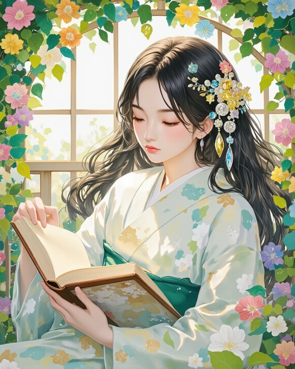 Woman in kimono sitting on a chair reading a book、long black hair、Japanese、beautiful and exquisite crystal hair ornament、Intricate CG Style 、art nouveau style、Anime Art Nouveau、Surround it with a frame of green ivy and flowers、fantasy artwork、gentle pastel colors、Romantic Atmosphere、top quality、high image quality、masterpiece、8K、focus、Artwork、soft lighting、fluffy、Glass cut
