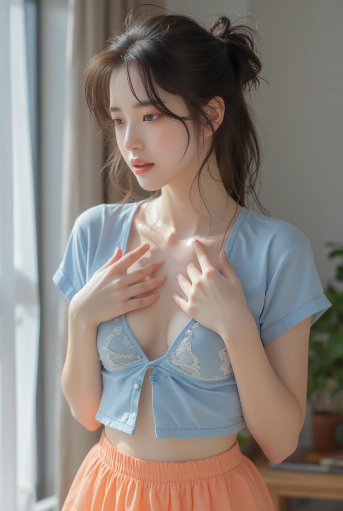 Highest quality、Ultra-high resolution、(Realistic)、18-year-old girl、((((Down fancy yukata, I can see her nipples, small breasts, 19 years old))), Hyper Detail、Super Realistic、(Realistic)、More about beautiful skin、(masterpiece:1.0)、(Highest quality)、(Ultra-high resolution)、8K resolution、Canon EOS R5、135mm、Absurd、Very detailed、Sharp focus、Fine skin、(((Chirarizum、Small breasts、Brown Hair)))