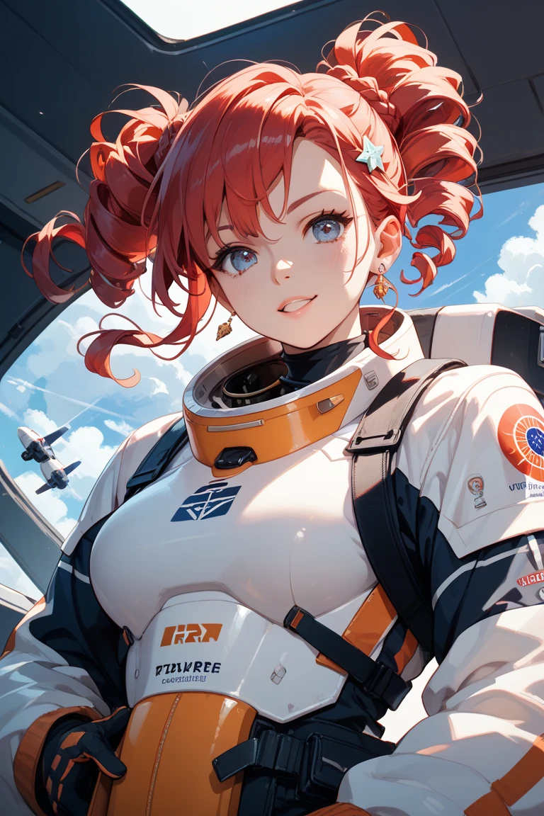  1woman,adult,big breast,25 years old,red hair,medium hair, astronaut uniform, standing, half Body photo, red eyes, bangs, smile